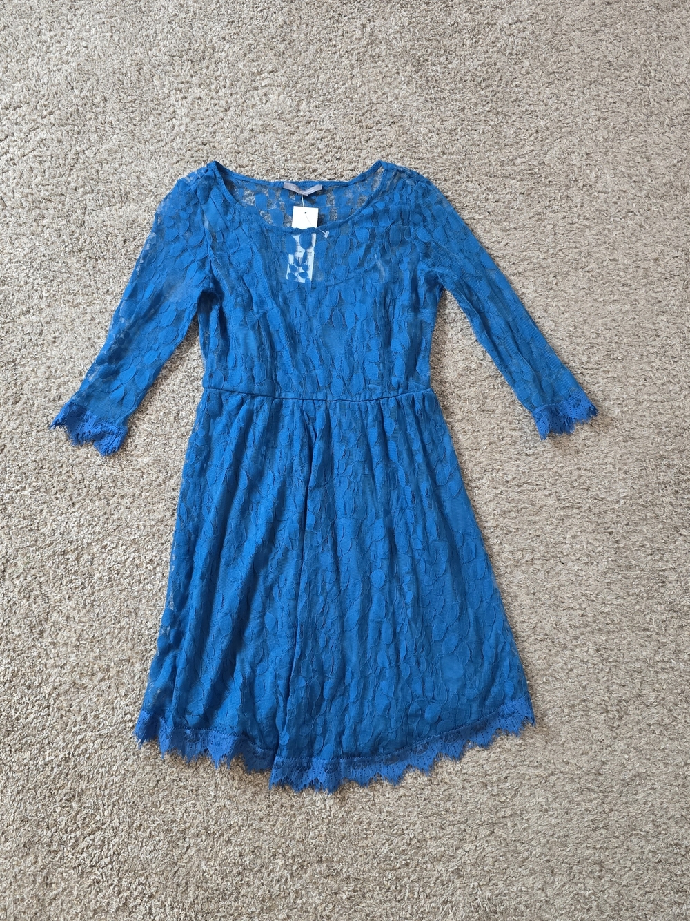 NY Collection Blue Floral Lace Fit & Flare Knee Cotton Dress 3/4 Sleeve S NWT